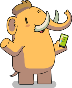 Cartoon mastodon standing on two legs, holding a mobile phone and waving its other leg in greeting.