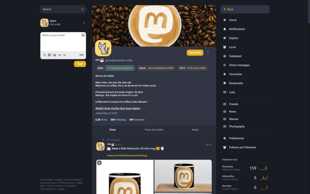 Screenshot of Mastodon profile page on a coffee-themed server, with lots of coffee mugs and coffee beans visible on the page.