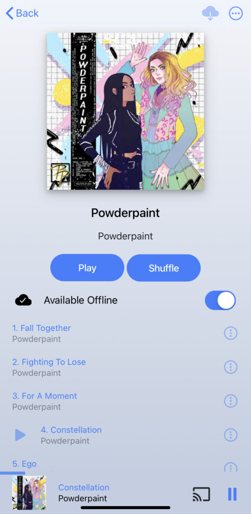 Screenshot of the Substreamer app for iPhone, showing the album Powderpaint by the band Powderpaint, and a track listing.