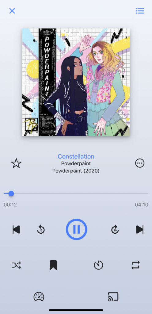 Screenshot of the Substreamer app for iPhone, showing the track Constellation by the band Powderpaint being played.