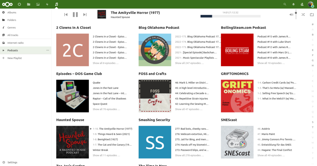 Screenshot of the Nextcloud Music app viewed through a desktop web browser. It is the Podcasts section, showing the image covers and episode lists for a number of different podcasts.