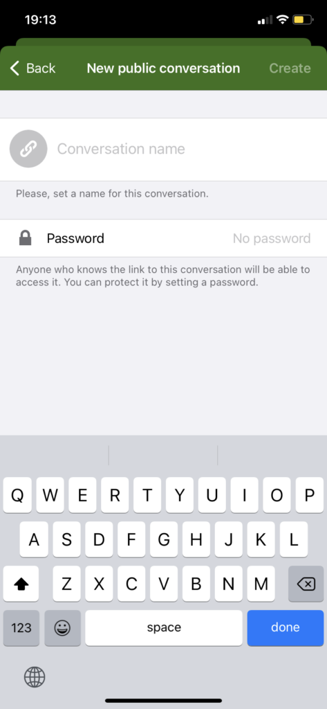 Screenshot of the NextCloud Talk iPhone app, showing the new public conversation section. It gives options for starting a conversation with non-members by sharing a public link, and optionally protecting it with a password too.