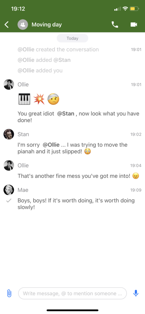 Screenshot of the NextCloud Talk iPhone app, showing the same conversation as in the above screenshot but in a mobile format. Ollie is complaining that Stan has dropped the piano.