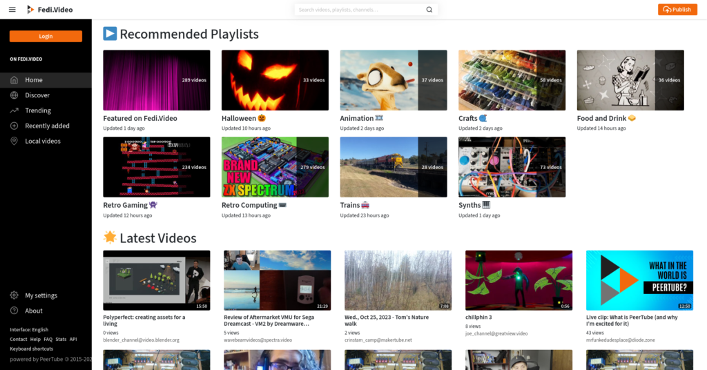 Screenshot of a PeerTube server with various colourful recommended playlists on different topics, and a row of the latest uploads shown below that.