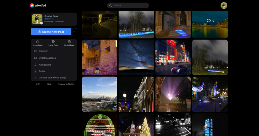 Screenshot of a stream of photos on Pixelfed, shoting various night time streets.