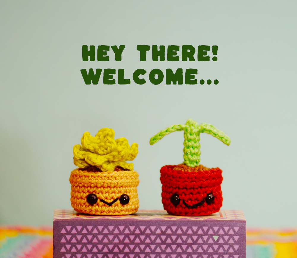 Photo of a couple of crochet plants with happy faces, and a caption saying "Hey there! Welcome..."