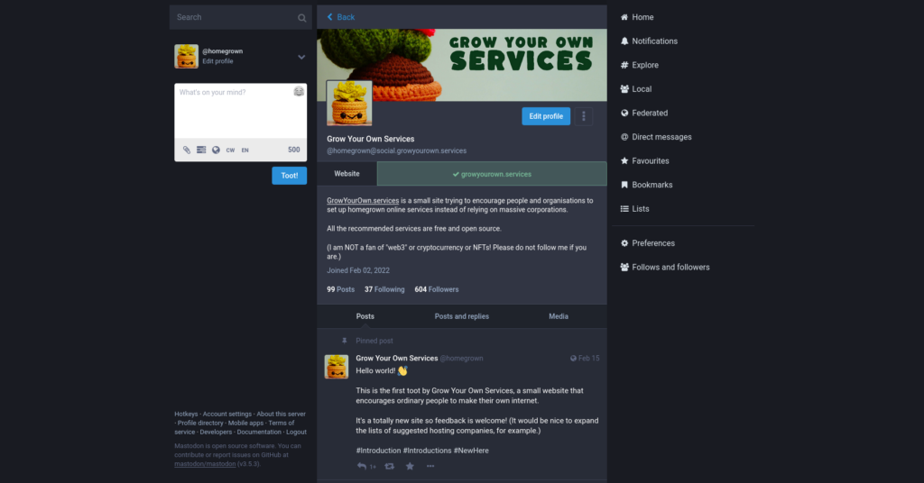 Screenshot of the Grow Your Own Services Mastodon server, with the site's account profile visible.