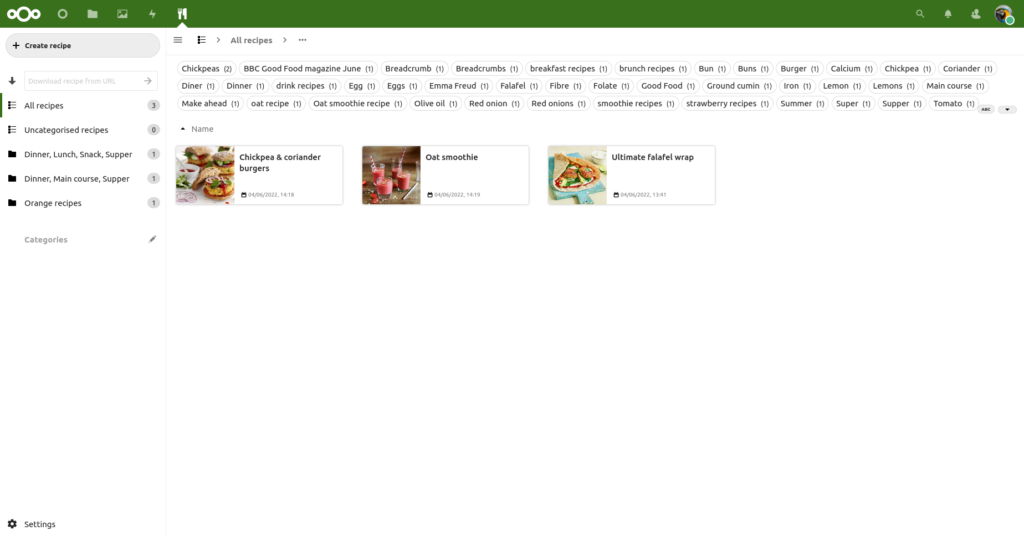 Screenshot of Nextcloud Cookbook app, with three recipes visible on the front page and a tag cloud above them allowing recipes to be filtered by keywords.