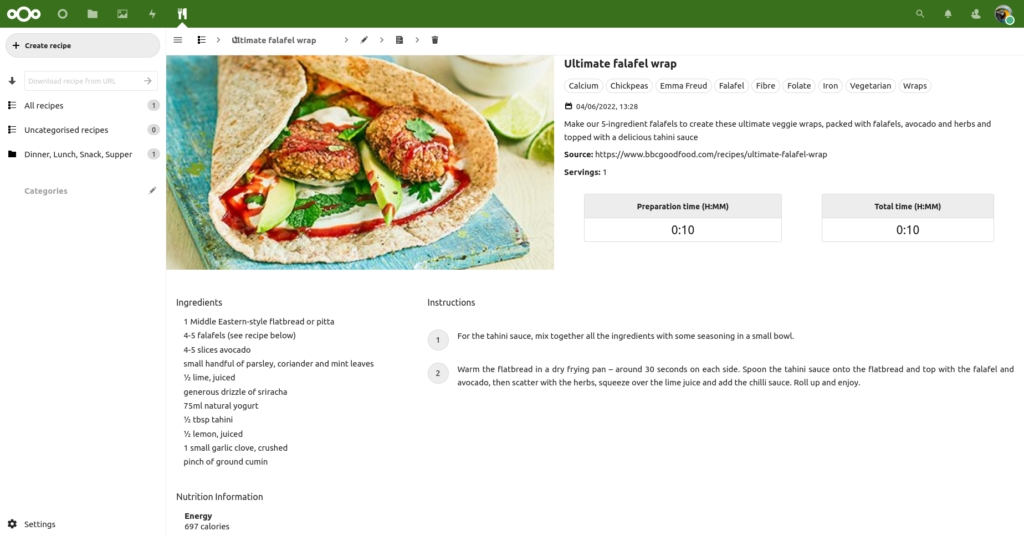 Screenshot of the same recipe as before, but presented within the Nextcloud cookbook app in a standard format.