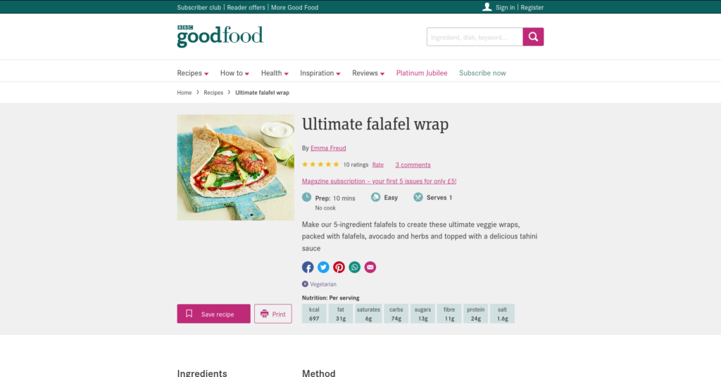 Screenshot of the BBC Good Food website, showing a recipe for falafel wraps including a text description, instructions, ingredients, photo and various tags.