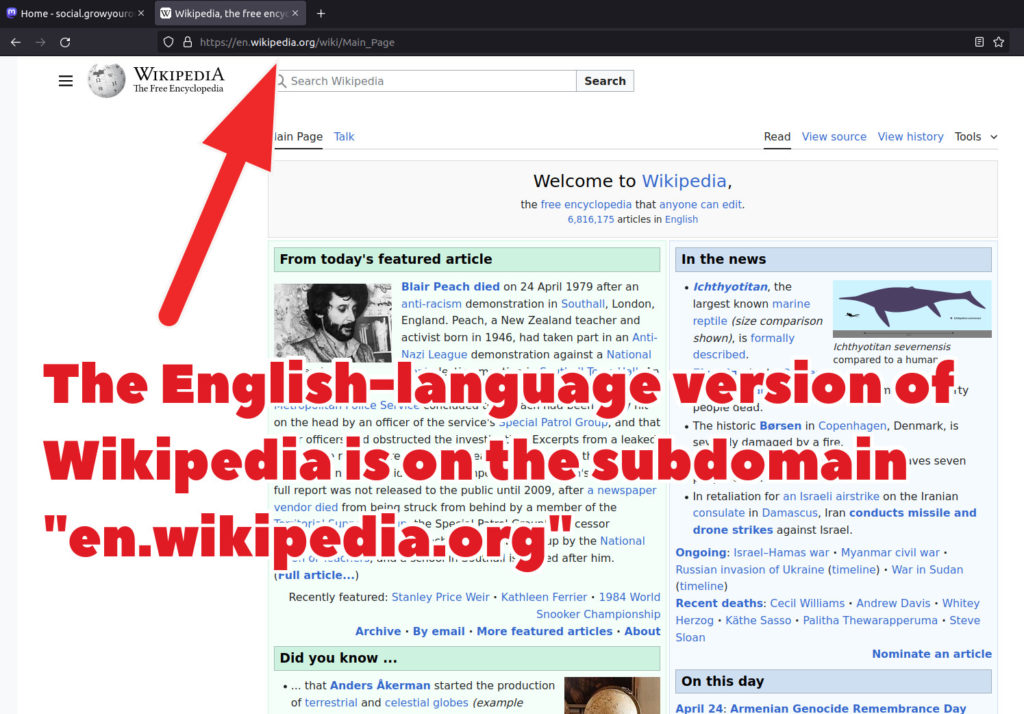 Screenshot of the English-language edition of Wikipedia with the web address highlighted, and a caption saying "The English-language version of Wikipedia is on the subdomain en.wikipedia.org".